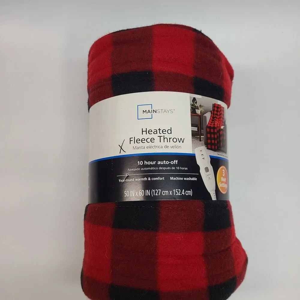 Mainstays Red Buffalo Plaid Heated Fleece Throw Blanket 50x60 Heat Settings NWT